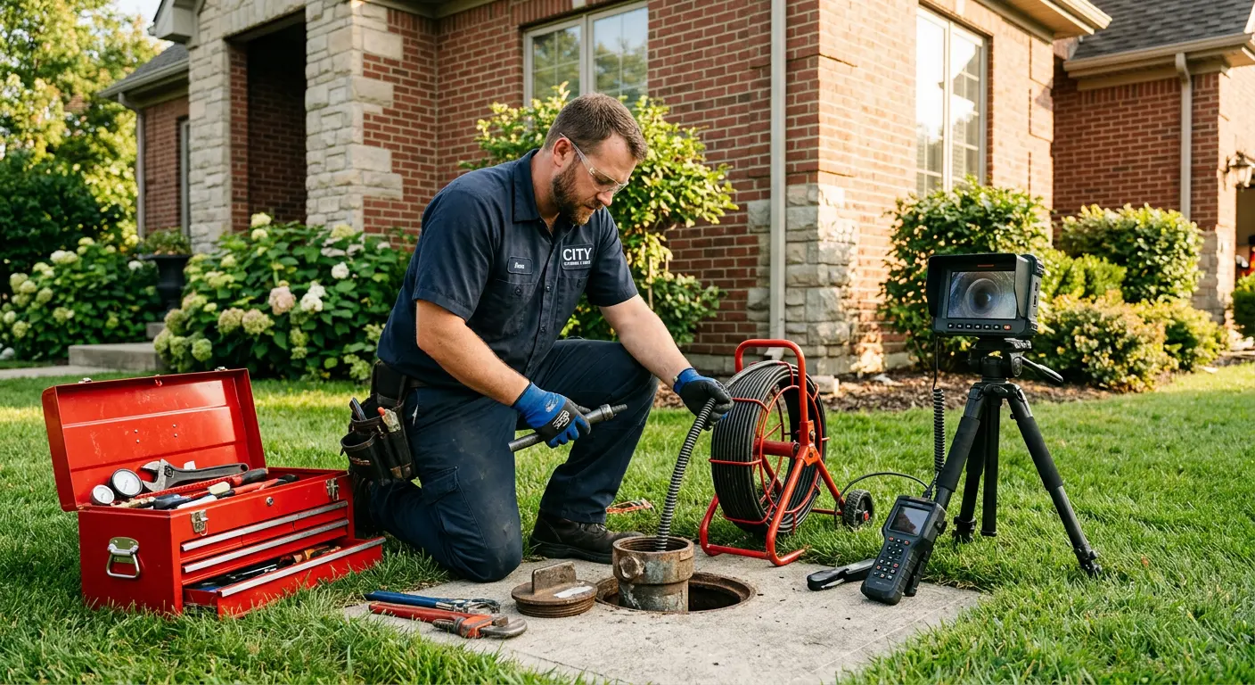 Sewer specialist with camera equipment servicing a cleanout in Stevensville