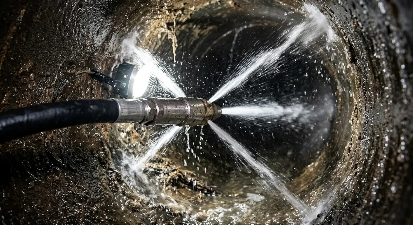 High-pressure hydro jetting nozzle cleaning sewer pipe for Sewer Cleanout in Stevensville
