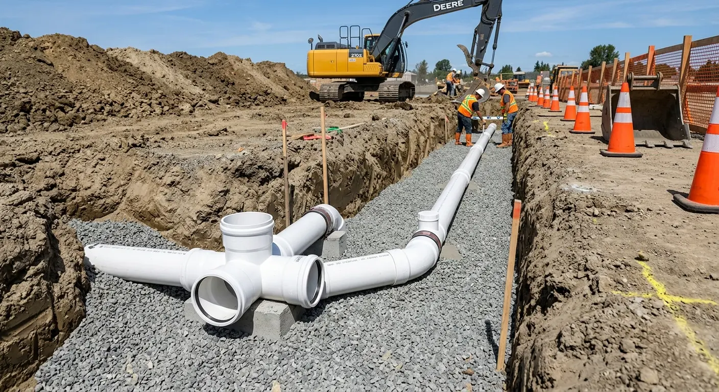 New PVC sewer pipe installation in open trench for Sewer Camera Inspection in Stevensville