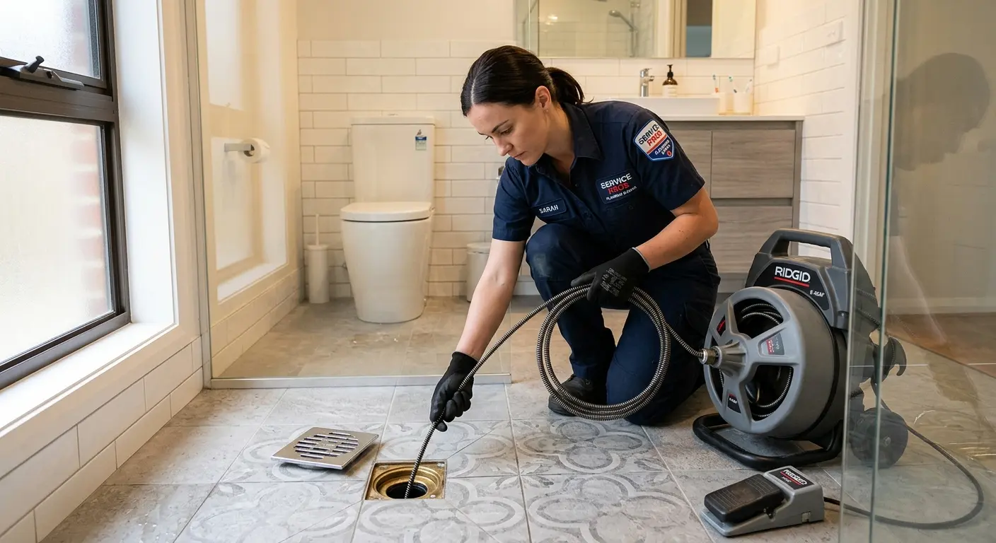 Technician clearing a bathroom floor drain for Drain Repair in Stevensville